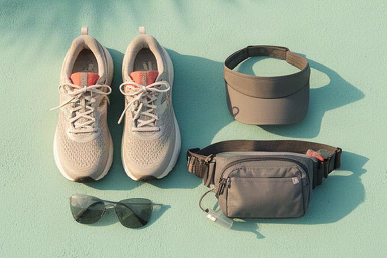 Lightweight running shoes, visor, hydration belt, and sunglasses arranged for a beach workout