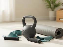 Home fitness equipment including resistance bands and kettlebell in a bright room
