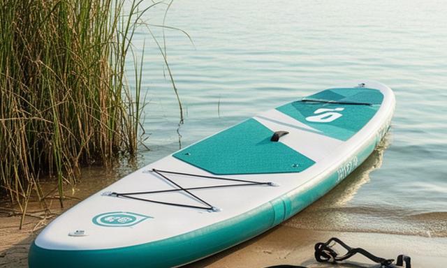 Inflatable stand-up paddleboard with coiled leash beside Lake Victoria reeds