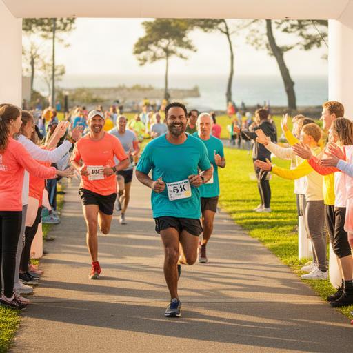 Runners crossing a charity 5K finish area with volunteers cheering beside the course