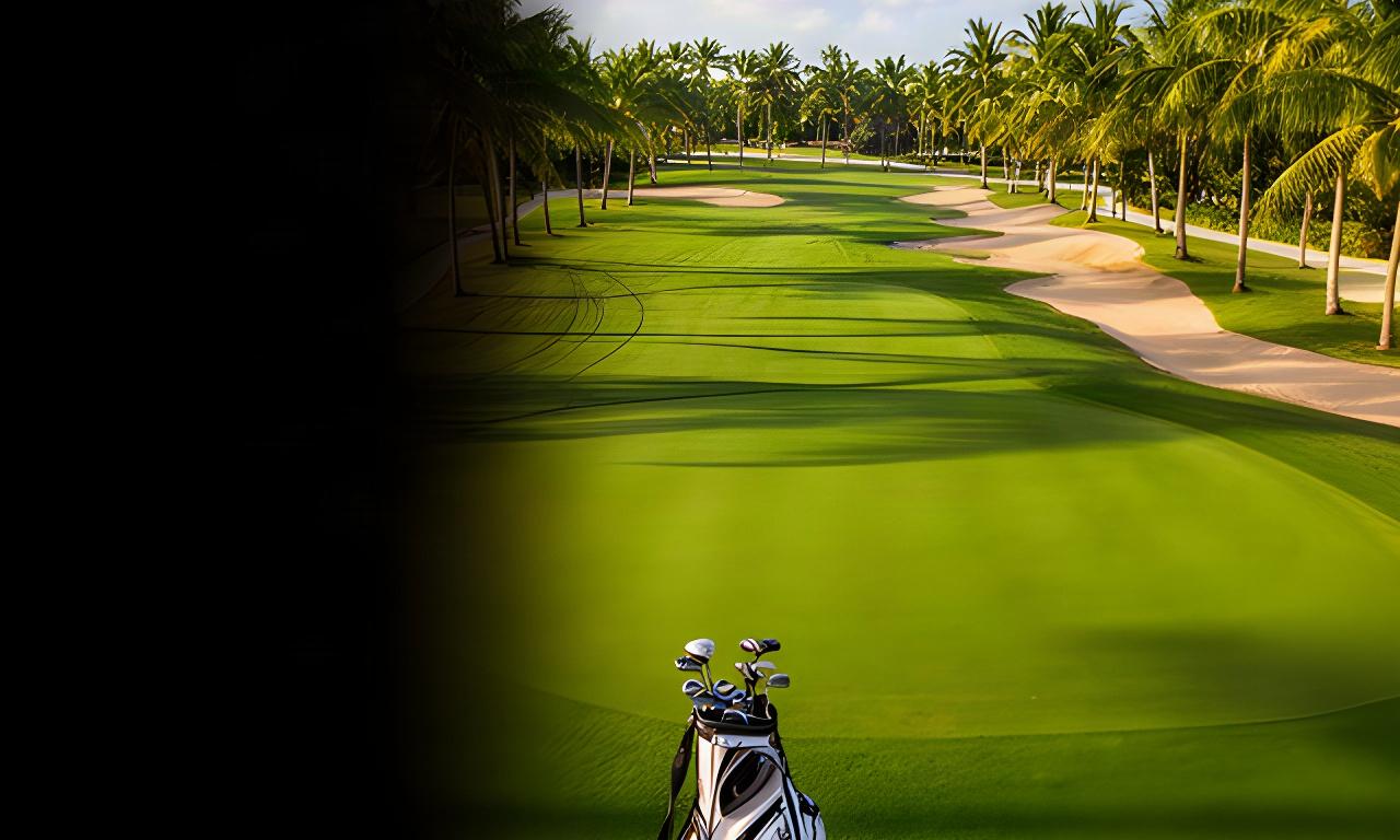 Aerial view of a North Palm Beach golf course fairway with palm trees and a golf bag in the foreground