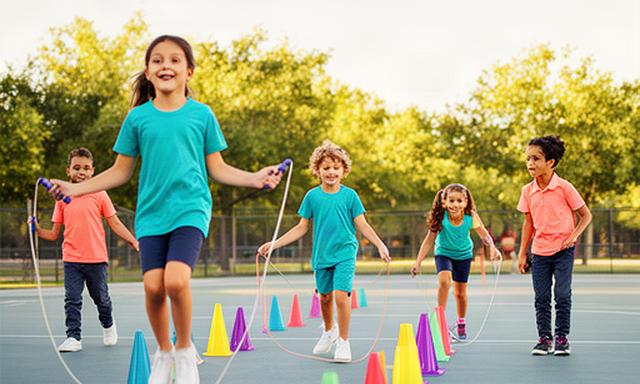 Elementary school students in PE clothes using cones and jump ropes on an outdoor court